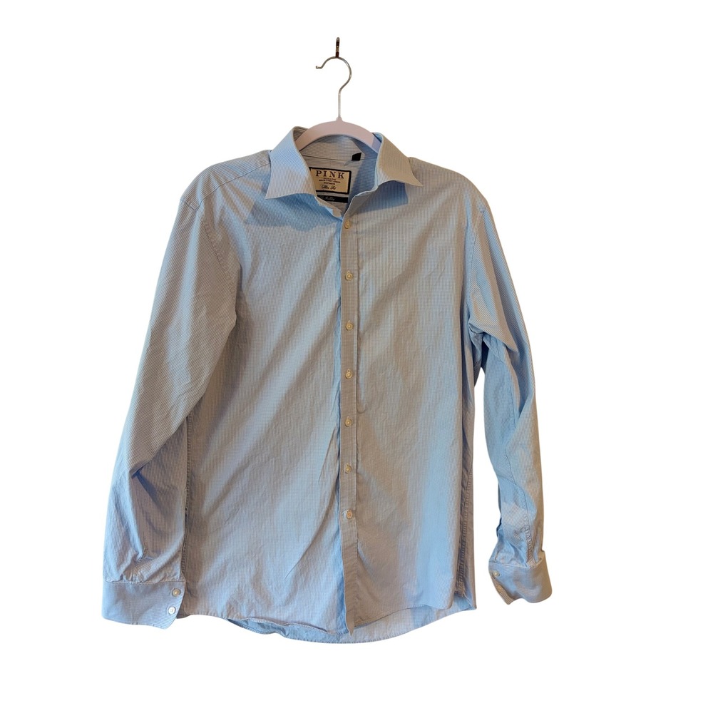 Thomas Pink The Bulldog Slim Fit Dress Shirt Blue White Micro Check 16 36.5
